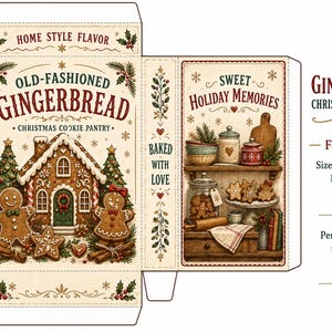 Op de afbeelding: Een platte, ongevouwen kartonnen doos-sjabloon voor kerstkoekjes. Het voorpaneel toont een peperkoekhuisje, twee peperkoekmannetjes en de tekst OLD-FASHIONED GINGERBREAD. Het zijpaneel toont een keukenplank met potten en koekjes.