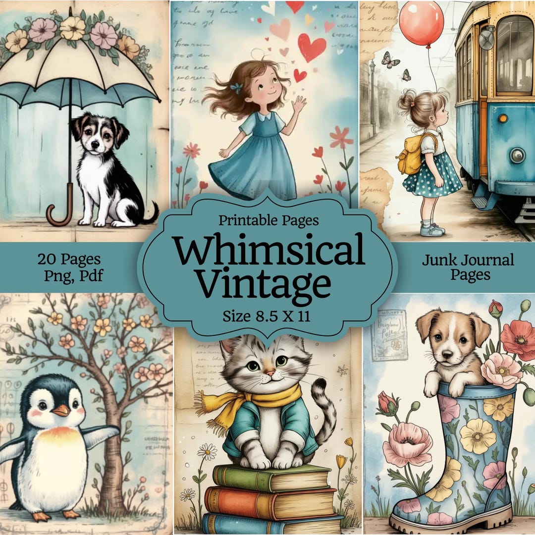 Whimsical Vintage Junk Journal Pages, Printable Girls & Bicycles ...