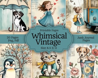 Páginas de diario vintage caprichosas, efímeras imprimibles de chicas y bicicletas, kit de collage digital de animales nostálgicos para álbumes de recortes.