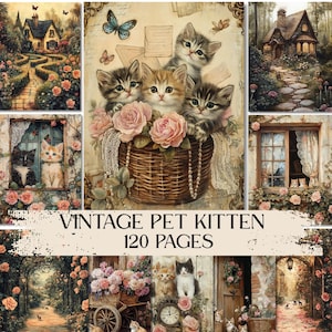 Cat Junk Journal Seiten, Vintage Haustier Kätzchen druckbare Ephemera, Katzenliebhaber Sammelalbum digitaler Download