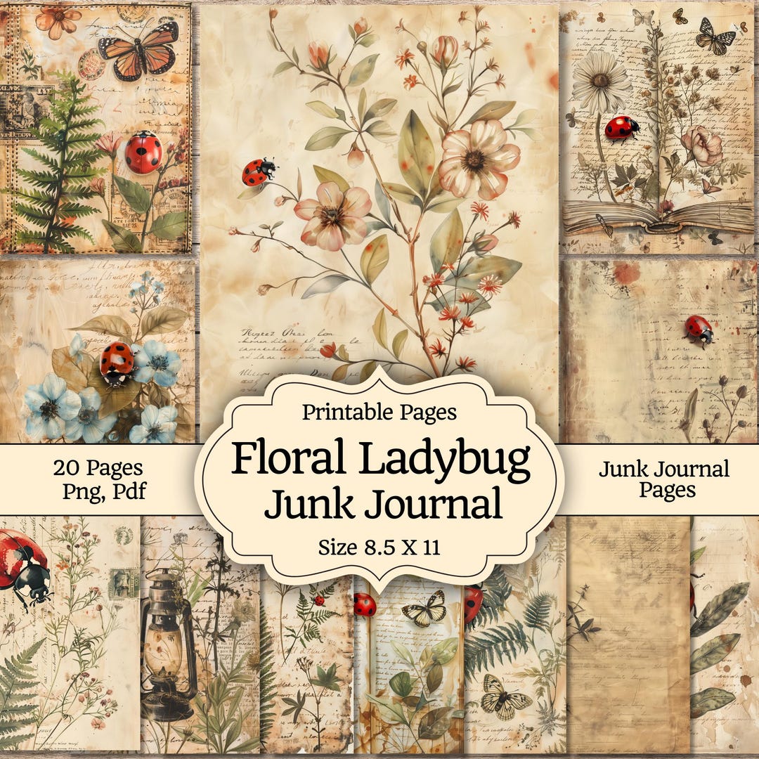 Floral Ladybug Printable Paper Pack, Red Garden Junk Journal ...