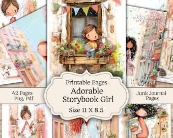 Kit de diario creativo Storybook Girl, páginas digitales en rosa y gris estilo shabby chic, muñecas de papel imprimibles, efímeros para scrapbooking, kit de manualidades, 42 páginas