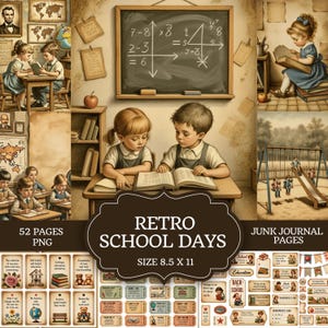 May include: A digital collection of 52 retro school-themed junk journal pages in 8.5 x 11 inch size, featuring illustrations of children in classrooms, chalkboards with math equations, vintage maps, playground scenes, and various educational ephemera.