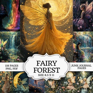Może przedstawiać: Cyfrowa kolekcja 118 stron do junk journala Fairy Forest w formacie 8,5 x 11 cali, zawierająca różne ilustracje wróżek ze skrzydłami w scenerii lasu, wodospadów i światła księżyca, dostępne jako pliki PNG i PDF.