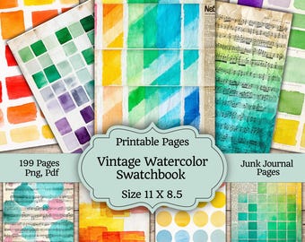 Vintage Watercolor Swatchbook Digital Papers, Paint Swatches Ephemera for Junk Journals, Scrapbooking Collage Backgrounds, Printable Art