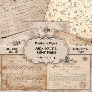 Puede incluir: Colección de páginas imprimibles para rellenar junk journals. Las páginas presentan diseños vintage, incluyendo patrones florales, documentos manuscritos y texturas de papel envejecido. Tamaño 21,6 x 27,9 cm, con 36 páginas disponibles en formatos PNG y PDF.
