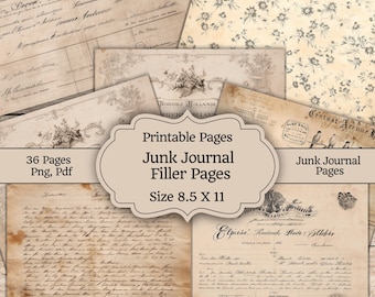 Papel antiguo manuscrito, efímeros de diario vintage, páginas de libros antiguos, textura imprimible, hojas de collage para scrapbooking, digital, 30 páginas