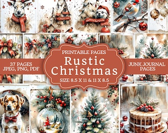 Rustic Christmas Junk Journal Kit – Cozy Winter Printable Pages, Vintage Ephemera, Scrapbook Paper, PNG, JPG, PDF
