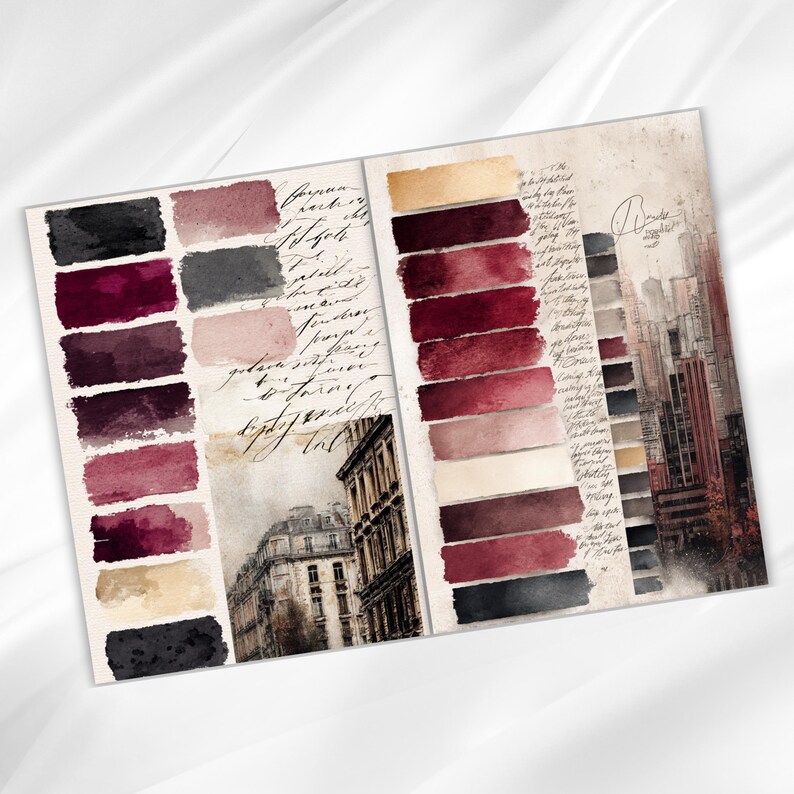 May include: A watercolour design featuring colour swatches in shades of burgundy, black, and beige. The design includes architectural sketches and handwritten script, creating a vintage aesthetic. The colour palette is rich and moody.