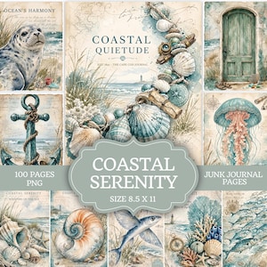 Puede incluir: Una colección de 100 páginas digitales para diario creativo tituladas Coastal Serenity, tamaño 21,6 x 27,9 cm. Las imágenes presentan ilustraciones en acuarela de una foca, un faro, un ancla, una medusa, un pez volador y varias conchas.