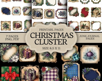 May include: A collection of printable Christmas cluster pages with various designs, including gift boxes, wreaths, and plaid patterns. The pages are sized 8.5 x 11 inches and are available in PNG and PDF formats. The text on the image says "PRINTABLE PAGES CHRISTMAS CLUSTER SIZE 8.5 X 11".
