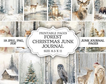 May include: A collection of printable pages for a forest-themed Christmas junk journal. The images feature winter scenes with animals like deer, rabbits, and owls, along with Santa Claus and Christmas trees. The size is 8.5 x 11 inches.