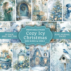 Puede incluir: Un collage digital de ilustraciones con temática invernal con un tema navideño acogedor y helado. Las imágenes incluyen una mujer sosteniendo un regalo, una puerta decorada, regalos envueltos, un árbol de Navidad y un muñeco de nieve. El texto en la imagen dice "Cozy Icy Christmas".