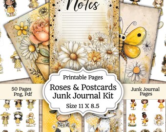 Sunshine Garden Junk Journal Kit, Whimsical Cottagecore Ephemera, Cottage Girl Scrapbook Paper, Daisy Digital Pages, 18 Designs