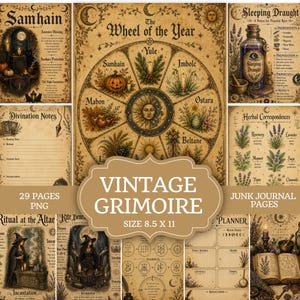 May include: A collection of 29 vintage-style grimoire junk journal pages in 8.5 x 11 inch format. The pages feature illustrations of the Wheel of the Year, herbal correspondences, divination notes, and ritual scenes with text in a sepia-toned aesthetic.