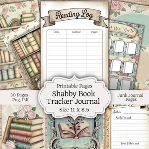 May include: A printable Shabby Book Tracker Journal with a vintage aesthetic. The design includes a reading log, monthly tracker, and space for notes. The journal is 11 x 8.5 inches and includes 30 pages in PNG and PDF formats.