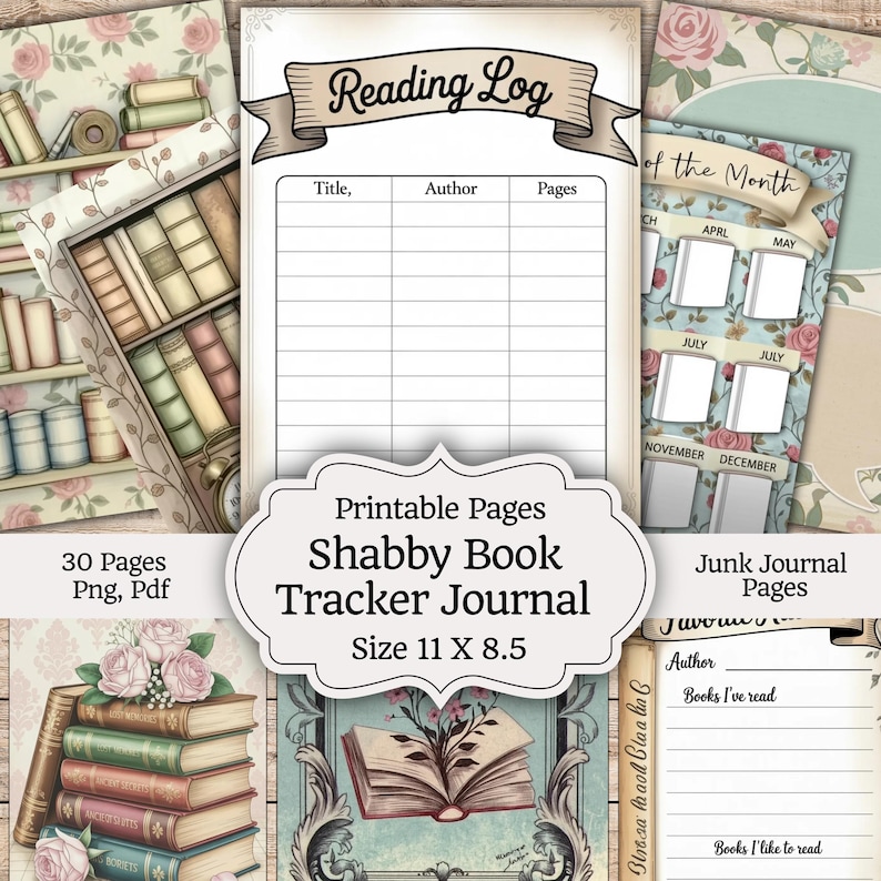 Shabby Chic Book Tracker Junk Journal Kit - No-sew Printable Reading ...