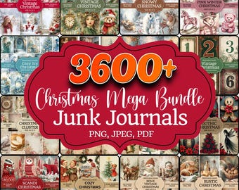 May include: A collection of Christmas-themed junk journal pages. The image features various covers with titles like "Vintage Christmas," "Snowy Christmas," and "Cozy Icy Christmas." The central element is a red banner with the text "3600+ Christmas Mega Bundle Junk Journals."