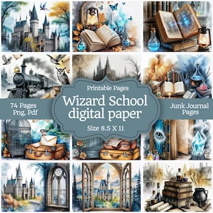 Pode incluir: Uma colagem de ilustrações em aquarela com o tema da escola de magia. As imagens incluem um castelo, livros, poções, um trem e uma gaiola. O texto diz "Wizard School digital paper" e "Size 8.5 X 11".