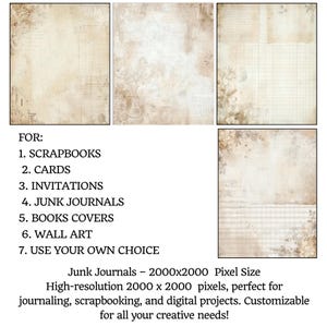 May include: A collection of vintage-style digital papers with a sepia tone, featuring aged textures, floral accents, and handwritten script elements. The text on the image says "FOR: 1. SCRAPBOOKS 2. CARDS 3. INVITATIONS 4. JUNK JOURNALS 5. BOOKS COVERS 6. WALL ART 7. USE YOUR OWN CHOICE".