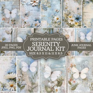 Puede incluir: Un conjunto de páginas de diario imprimibles con una estética vintage. Las páginas presentan mariposas, flores y escritura sobre un fondo azul claro y crema. El kit incluye 20 páginas en formatos JPEG, PNG y PDF, de tamaños 21,6 x 27,9 cm y 27,9 x 21,6 cm.
