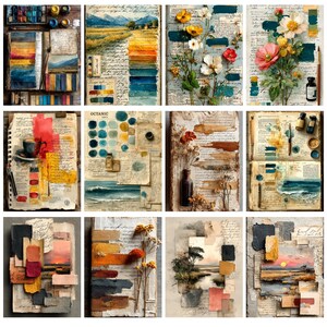 May include: A series of watercolour art prints depicting natural scenes. Each print features flowers, landscapes, and colour palettes. The prints are displayed on textured paper with handwritten script, evoking a vintage aesthetic.