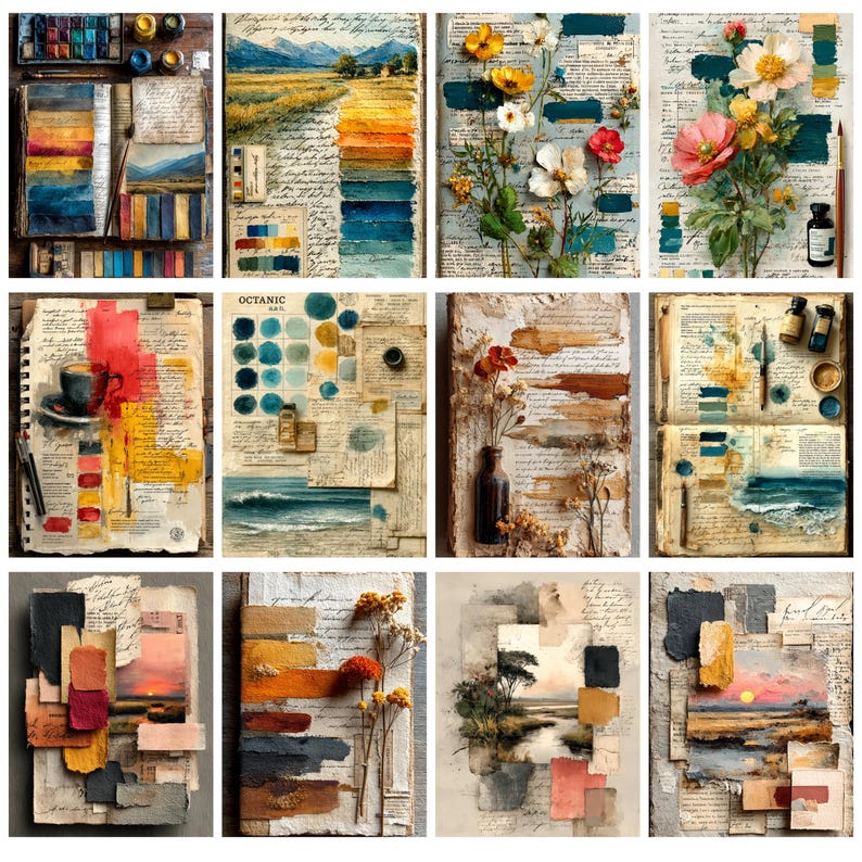 May include: A series of watercolour art prints depicting natural scenes. Each print features flowers, landscapes, and colour palettes. The prints are displayed on textured paper with handwritten script, evoking a vintage aesthetic.