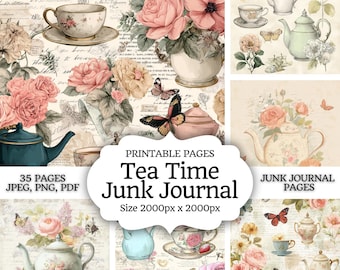 Tea Time Junk Journal Kit – Printable Pages with Teapots, Tea Cups, Floral Designs & Butterflies for Crafting