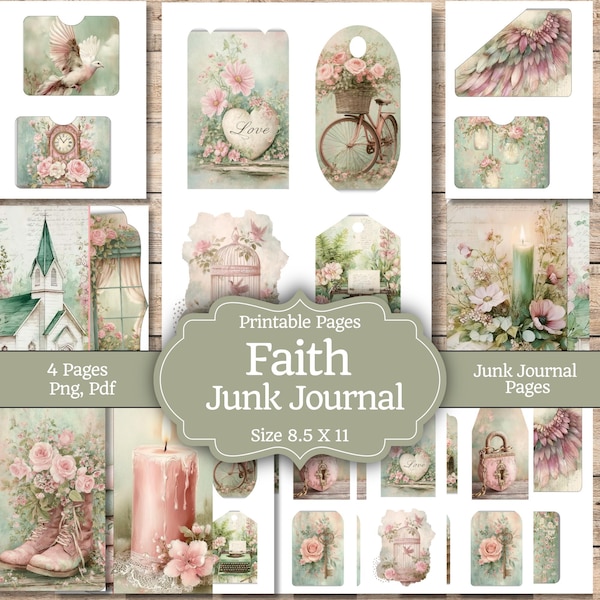 Papier de journal Faith indésirable, pages chrétiennes shabby chic vintage, feuilles imprimables de journalisation biblique, kit de scrapbooking religieux