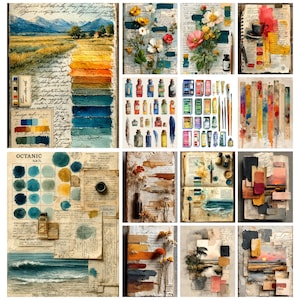 May include: A collection of watercolour paintings and art supplies. The artwork features landscapes, floral arrangements, and colour swatches. Various bottles of paint, brushes, and feathers are also present, suggesting an artistic theme.