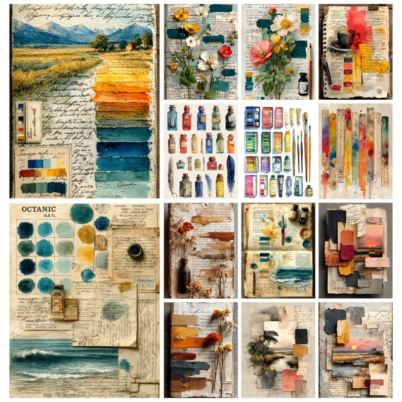 May include: A collection of watercolour paintings and art supplies. The artwork features landscapes, floral arrangements, and colour swatches. Various bottles of paint, brushes, and feathers are also present, suggesting an artistic theme.