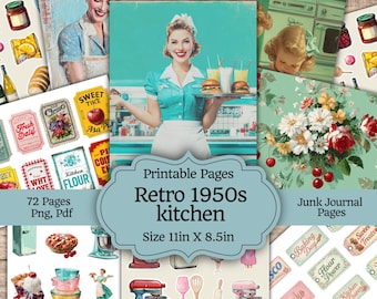 Páginas de diario de cocina retro: imprimibles de libros de cocina de los años 50, efímeras, diario de recetas, papel para álbumes de recortes, descarga digital