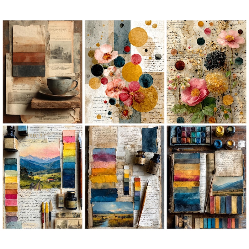 May include: Six artistic collages showcasing watercolour paintings, floral arrangements, and a coffee cup. The colour palettes vary from warm earth tones to vibrant blues and yellows, with handwritten script and vintage paper textures.