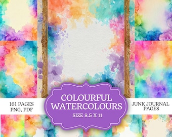 May include: A collection of digital junk journal pages featuring vibrant watercolor splashes in rainbow hues. The central image is framed in ornate gold, with text reading COLOURFUL WATERCOLOURS, 161 PAGES, PNG, PDF, and SIZE 8.5 X 11 INCHES.