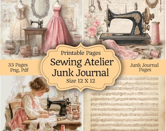 Kit de diario creativo Vintage Sewing Atelier, efímeros de rosas estilo shabby chic, páginas de collage floral, papel digital Scrappy Layers, imprimible, 33 páginas