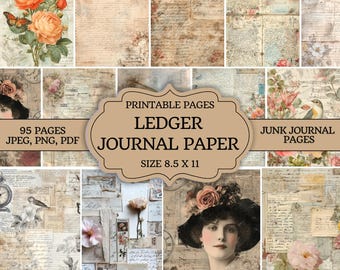 Vintage Ledger Junk Journal Kit – Printable Antique Accounting Sheets, Scrapbook Paper & Ephemera for Crafting