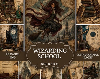 May include: A digital collection of 29 Wizarding School junk journal pages in 8.5 x 11 inch size, featuring illustrations of a flying student, an alchemist's cabinet, a black cat, stacks of books, celestial charts, and owls.