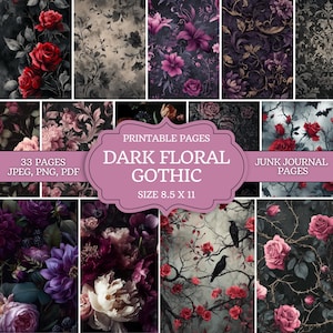 Puede incluir: Una colección de páginas imprimibles con diseños góticos florales oscuros. Las páginas presentan varios patrones florales, incluyendo rosas y otras flores, en tonos de rojo, morado y negro. El tamaño es de 21,59 x 27,94 cm. El texto de la imagen dice "33 páginas" y "Junk Journal Pages."