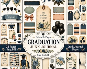 May include: A digital collage of graduation-themed junk journal pages. The design features balloons, bows, tags, and floral elements in shades of blue, cream, and brown. Text includes "Graduation Junk Journal" and "The best is yet to come."