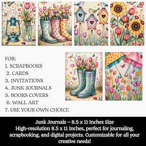 Pu&ograve; includere: Una collezione di illustrazioni ad acquerello con temi primaverili e floreali. Le immagini includono tulipani in stivali di gomma, casette per uccelli, girasoli e ombrelli. Il testo sull'immagine recita: "FOR: SCRAPBOOKS, CARDS, INVITATIONS, JUNK JOURNALS, BOOKS COVERS, WALL ART, USE YOUR OWN CHOICE".