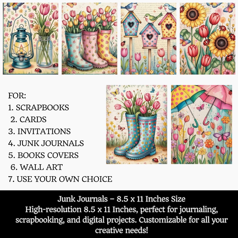 Pu&ograve; includere: Una collezione di illustrazioni ad acquerello con temi primaverili e floreali. Le immagini includono tulipani in stivali di gomma, casette per uccelli, girasoli e ombrelli. Il testo sull'immagine recita: "FOR: SCRAPBOOKS, CARDS, INVITATIONS, JUNK JOURNALS, BOOKS COVERS, WALL ART, USE YOUR OWN CHOICE".