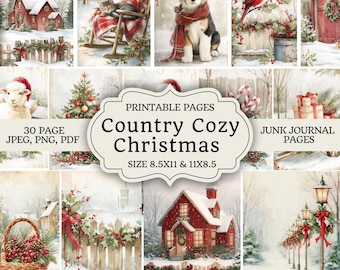 Kit de diario navideño rústico y acogedor: páginas imprimibles navideñas rústicas, efímeras navideñas vintage de granja y papel de scrapbooking invernal.