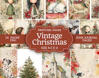 Kit de diario navideño vintage acogedor, páginas imprimibles con escenas de Papá Noel, set de efímeras navideñas clásicas, descarga de collage digital