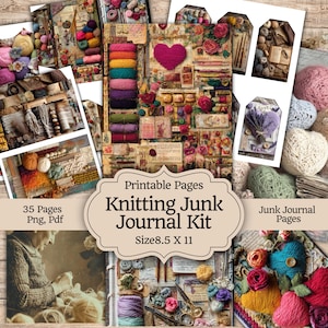 Puede incluir: Un collage de materiales de manualidades y páginas imprimibles para un kit de diario basura con temática de tejido. La imagen incluye carretes de hilo colorido, efímeras de papel y el texto "Knitting Junk Journal Kit, Size 8.5 X 11".