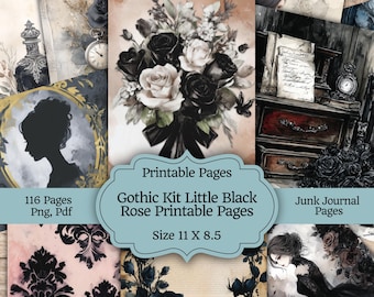Kit imprimible de diario gótico, páginas de Little Black Rose, papel victoriano oscuro y romántico para álbum de recortes, descarga digital de efímeras góticas.