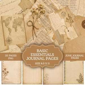 May include: A collection of 35 digital journal pages in PNG format, size 8.5 x 11 inches. The pages feature vintage-style designs with sepia-toned paper, world maps, handwritten script, musical notation, dried flowers, and lined writing areas.