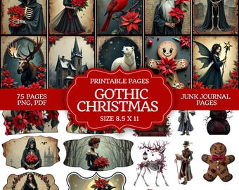 Puede incluir: Una colección de páginas imprimibles de Navidad gótica. Las imágenes presentan esqueletos, un cardenal, un mago, un hombre de jengibre y otros elementos góticos. El texto de la imagen dice "Gothic Christmas" y "Size 8.5 x 11".