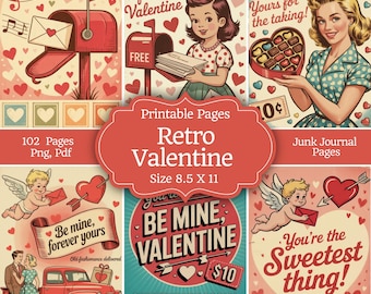 Páginas de diario vintage de San Valentín, efímeras de San Valentín, descarga digital de scrapbooking, collage imprimible, tarjetas para proyectos de manualidades.