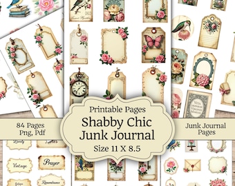 Kit de diario creativo Shabby Chic Rose, páginas de estilo Cottagecore floral vintage, efímeros de rosas románticas, papel digital de pájaros en tonos pastel, imprimible, 42 páginas
