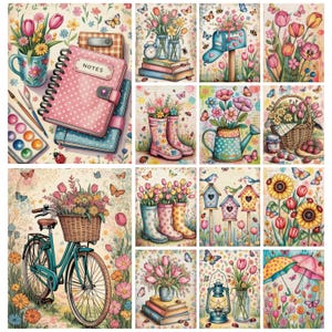 Pu&ograve; includere: Un collage di illustrazioni ad acquerello con temi primaverili e giardinistici. Le immagini includono fiori in vasi, stivali, cesti, una bicicletta con un cestino e un taccuino con la parola "NOTES". Sono presenti anche farfalle e coccinelle.